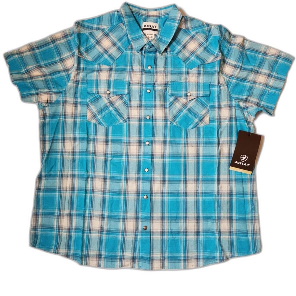 Ariat Howard Retro Snap Shirt Men’s XXL Peacock Blue Plaid Short Sleeve Western